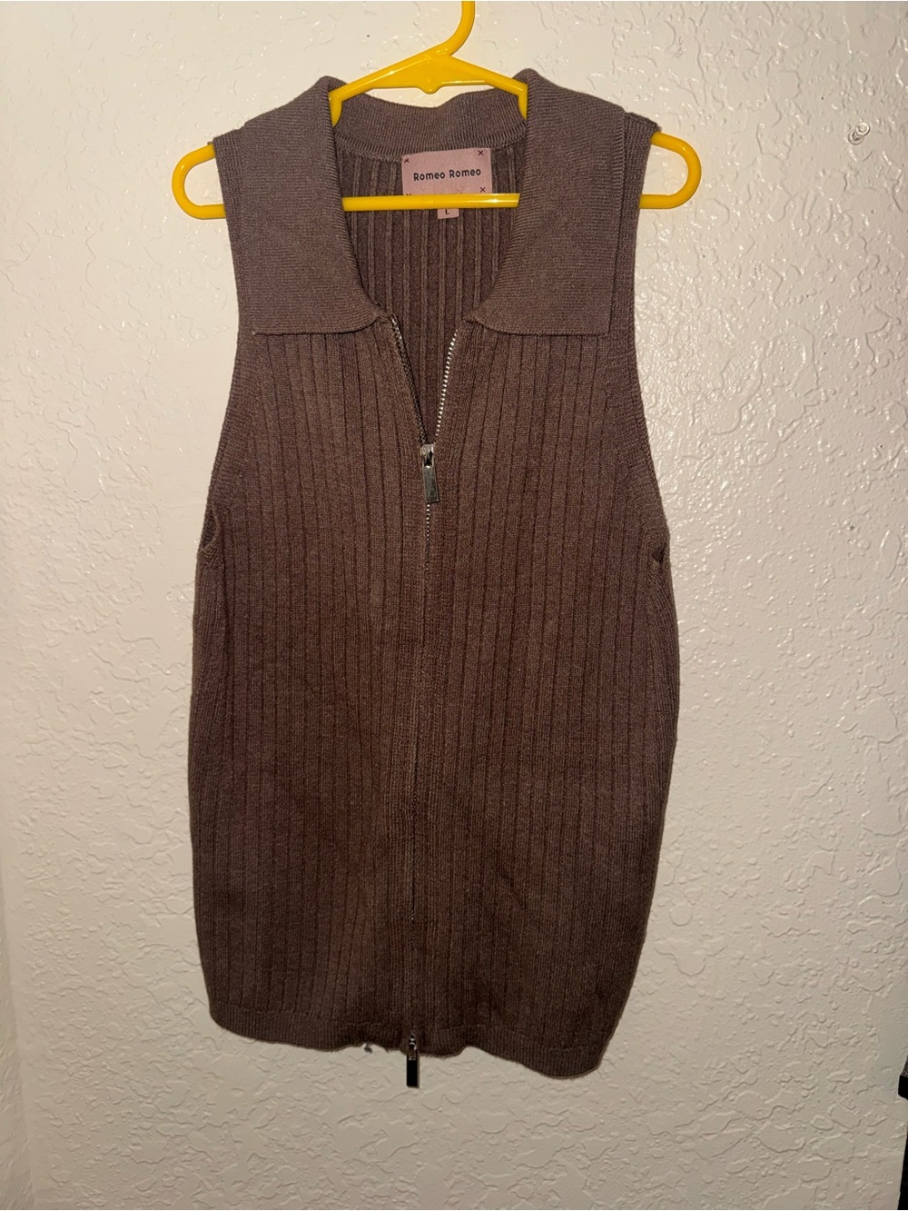 Brown Ribbed Sleeveless Zip Midi Top